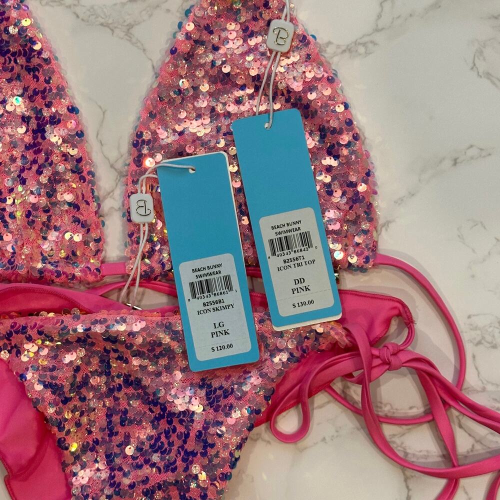 Beach Bunny Pink Icon DD Triangle Top & L Icon Tie Side Skimpy Bottom $250 - Picture 14 of 14